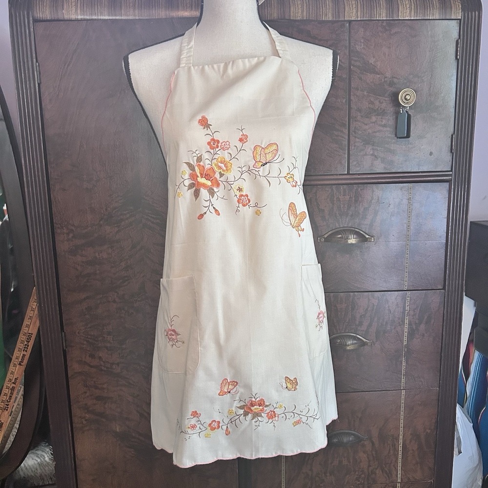 Vintage Handmade Butterfly Floral Embroidered Cotton Blend Apron Cream Orange